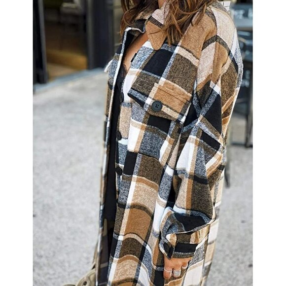 CASUAL Khaki Plaid Button Down Long Puff Sleeve Trench Coat Jacket Shacket Wool - Picture 8 of 10